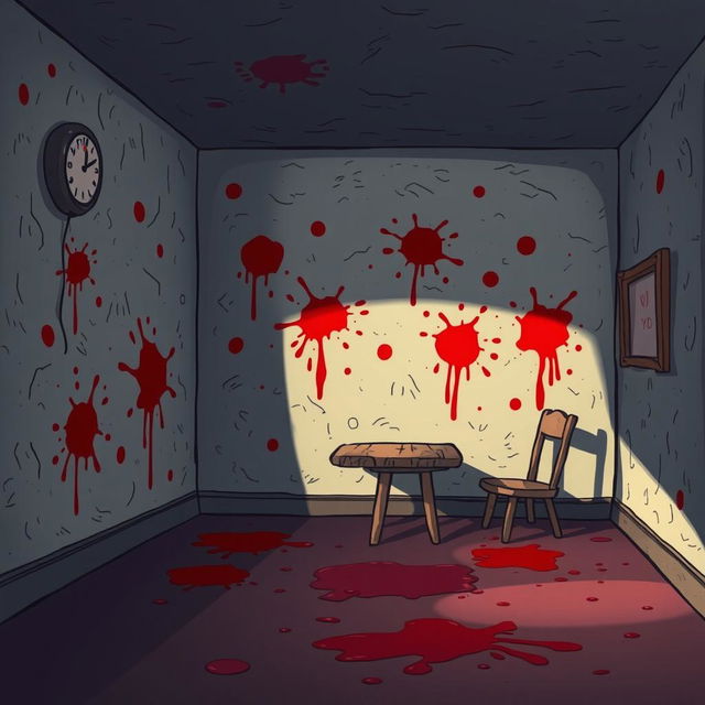 A cartoon-style illustration of a dimly lit room with blood stains on the walls