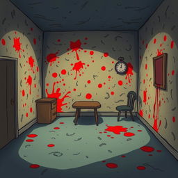 A cartoon-style illustration of a dimly lit room with blood stains on the walls