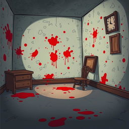 A cartoon-style illustration of a dimly lit room with blood stains on the walls