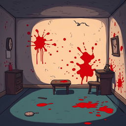 A cartoon-style illustration of a dimly lit room with blood stains on the walls