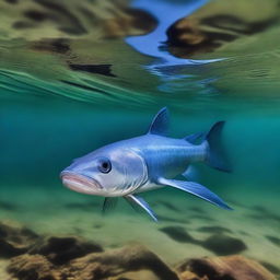 A real-life photoshoot of a vibrant blue catfish in its natural underwater habitat.