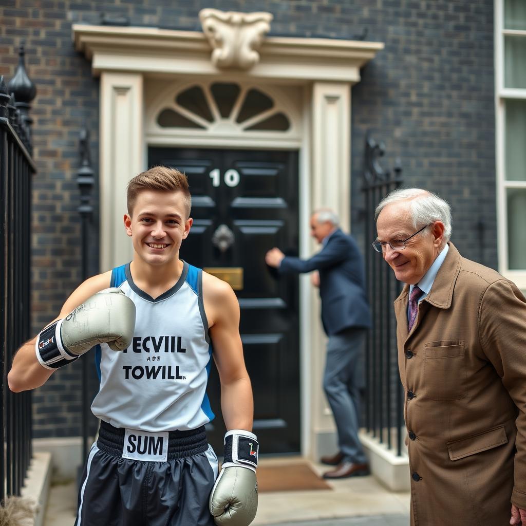 A lively scene depicting 10 Downing Street, the iconic residence of the UK Prime Minister