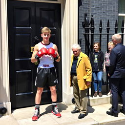 A young man from Yeovil Town wearing boxing gear, including gloves and shorts, standing confidently in front of the iconic 10 Downing Street, accompanied by an old man who is knocking on the door