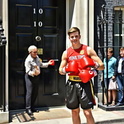 A young man from Yeovil Town wearing boxing gear, including gloves and shorts, standing confidently in front of the iconic 10 Downing Street, accompanied by an old man who is knocking on the door