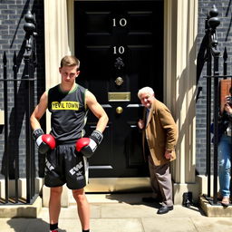 A young man from Yeovil Town wearing boxing gear, including gloves and shorts, standing confidently in front of the iconic 10 Downing Street, accompanied by an old man who is knocking on the door