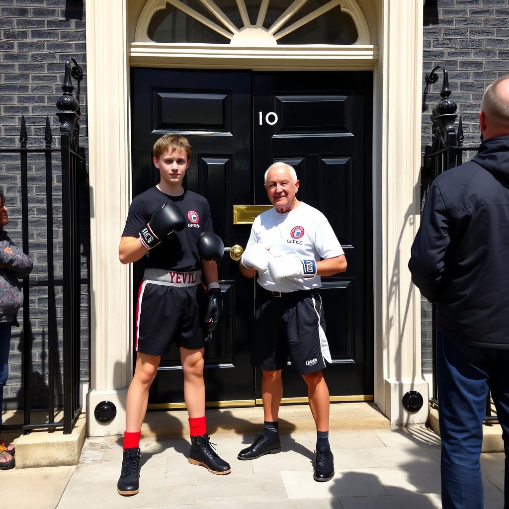 A young man from Yeovil Town wearing boxing gear, including gloves and shorts, standing confidently in front of the iconic 10 Downing Street, accompanied by an old man who is knocking on the door