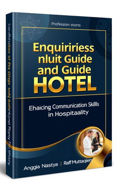 A professional book cover design for 'Enquiries and Guide in Hotel: Enhancing Communication Skills in Hospitality' by authors Anggia Nastya and Raffi Muttaqien