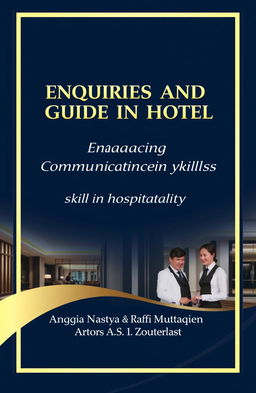A professional book cover design for 'Enquiries and Guide in Hotel: Enhancing Communication Skills in Hospitality' by authors Anggia Nastya and Raffi Muttaqien