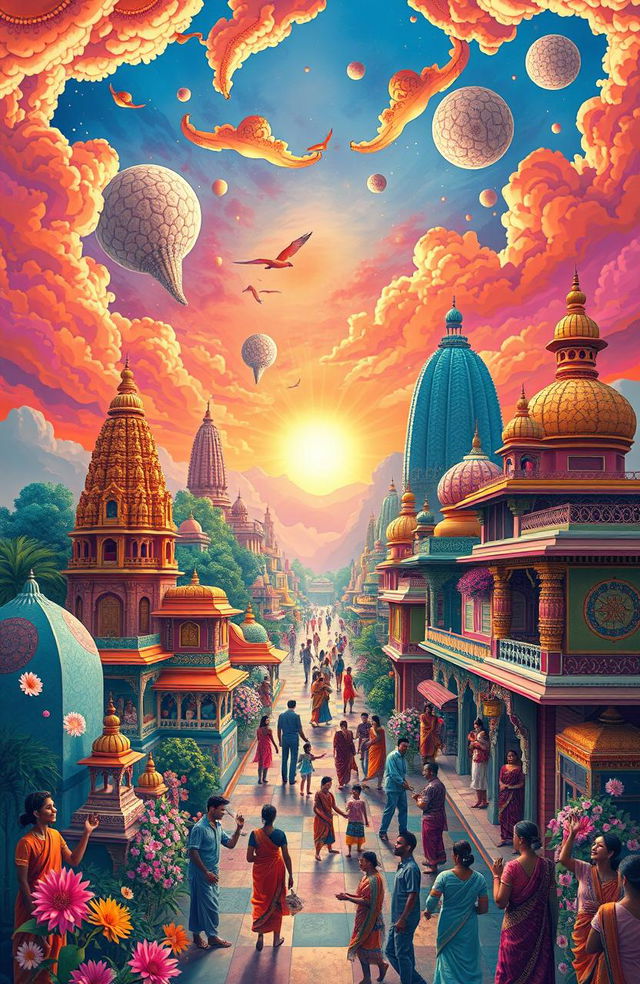 A vibrant depiction of the Medulla Paradox set against an Indian backdrop, showcasing a surreal landscape filled with intricate patterns and vivid colors