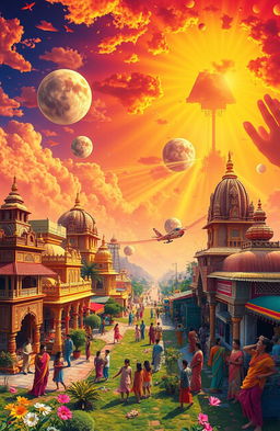 A vibrant depiction of the Medulla Paradox set against an Indian backdrop, showcasing a surreal landscape filled with intricate patterns and vivid colors