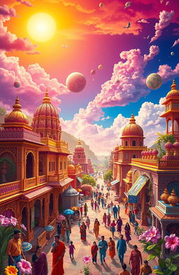 A vibrant depiction of the Medulla Paradox set against an Indian backdrop, showcasing a surreal landscape filled with intricate patterns and vivid colors