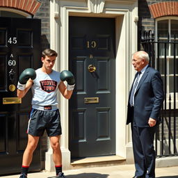 A scene depicting 10 Downing Street in London, featuring a young man from Yeovil Town, wearing stylish boxing gear including gloves and shorts, with a determined expression