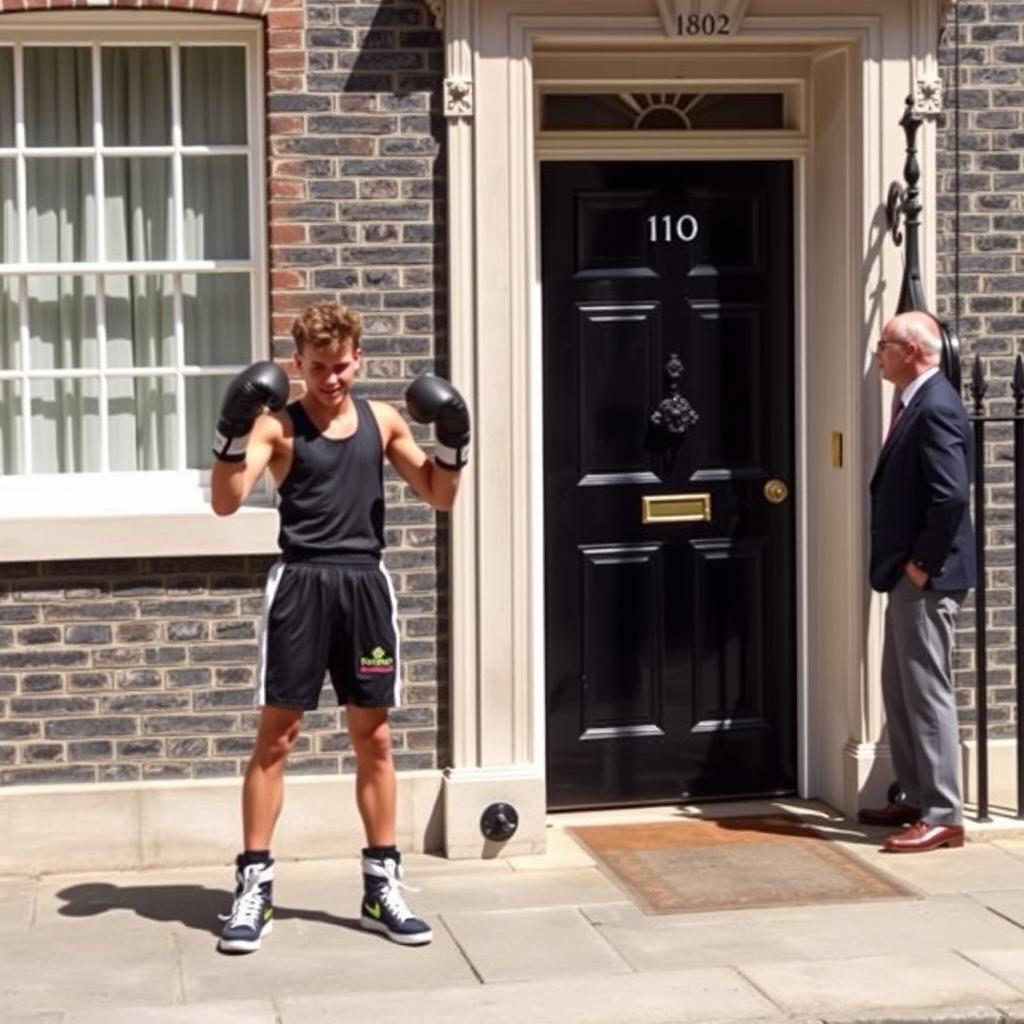 A scene depicting 10 Downing Street in London, featuring a young man from Yeovil Town, wearing stylish boxing gear including gloves and shorts, with a determined expression