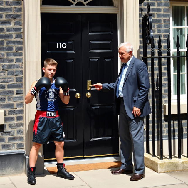 A scene depicting 10 Downing Street in London, featuring a young man from Yeovil Town, wearing stylish boxing gear including gloves and shorts, with a determined expression