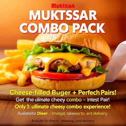 A vibrant poster for "Muktsar Burger" featuring a mouth-watering cheese-filled burger with melted cheese oozing out, fresh lettuce, ripe tomatoes, and a soft toasted bun