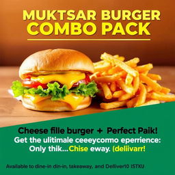A vibrant poster for "Muktsar Burger" featuring a mouth-watering cheese-filled burger with melted cheese oozing out, fresh lettuce, ripe tomatoes, and a soft toasted bun