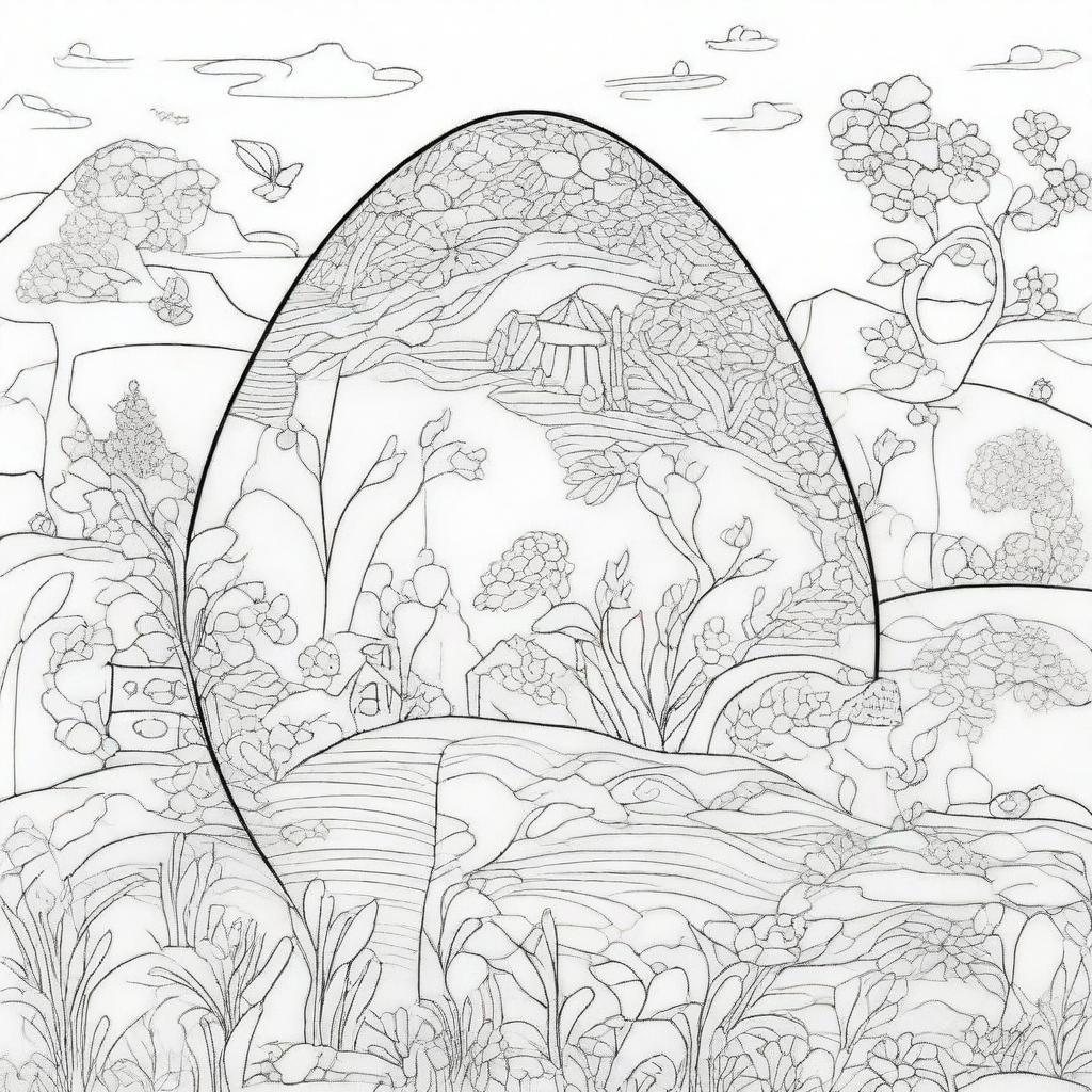 Create a coloring page featuring an intricately designed Easter egg with a magical landscape etched on its surface