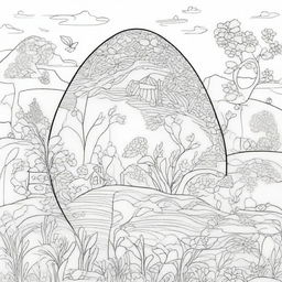 Create a coloring page featuring an intricately designed Easter egg with a magical landscape etched on its surface