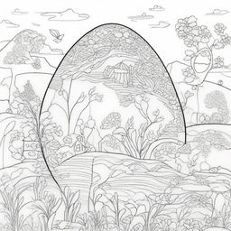 Create a coloring page featuring an intricately designed Easter egg with a magical landscape etched on its surface