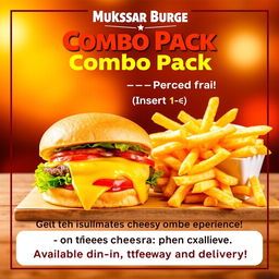 A vibrant poster design for 'Muktsar Burger' showcasing the special Combo Pack featuring a delicious, cheese-filled burger