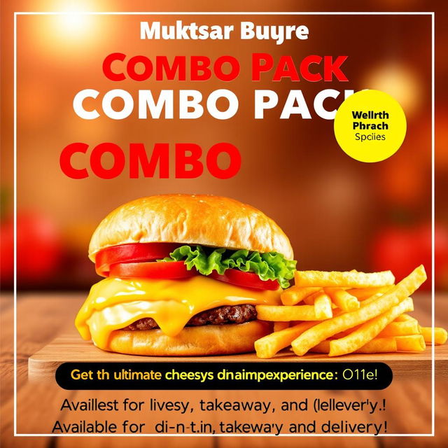 A vibrant poster design for 'Muktsar Burger' showcasing the special Combo Pack featuring a delicious, cheese-filled burger