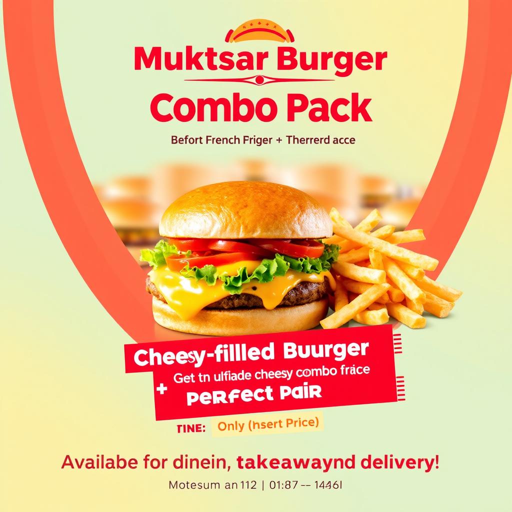 A vibrant poster design for 'Muktsar Burger' showcasing the special Combo Pack featuring a delicious, cheese-filled burger