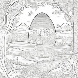 Create a coloring page featuring an intricately designed Easter egg with a magical landscape etched on its surface