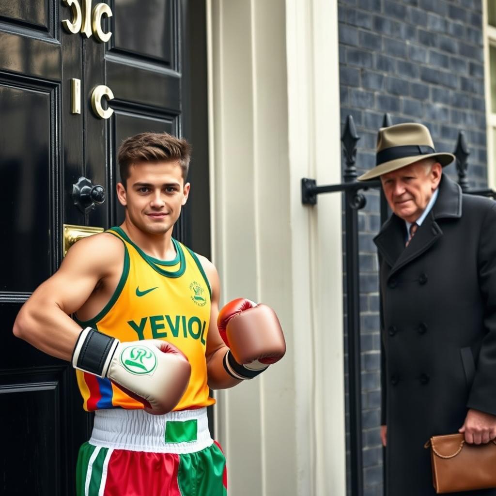 A striking scene at 10 Downing Street featuring a young man from Yeovil Town dressed in colorful boxing gear, vibrant and athletic, showcasing determination on his face