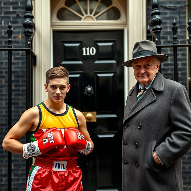 A striking scene at 10 Downing Street featuring a young man from Yeovil Town dressed in colorful boxing gear, vibrant and athletic, showcasing determination on his face