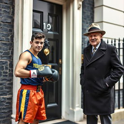 A striking scene at 10 Downing Street featuring a young man from Yeovil Town dressed in colorful boxing gear, vibrant and athletic, showcasing determination on his face