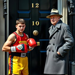 A striking scene at 10 Downing Street featuring a young man from Yeovil Town dressed in colorful boxing gear, vibrant and athletic, showcasing determination on his face