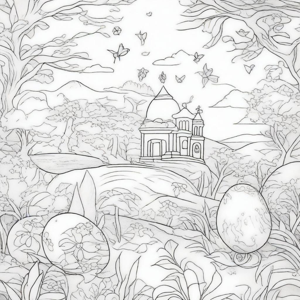 Create a coloring page featuring an intricately designed Easter egg with a magical landscape etched on its surface