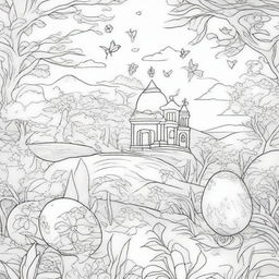 Create a coloring page featuring an intricately designed Easter egg with a magical landscape etched on its surface