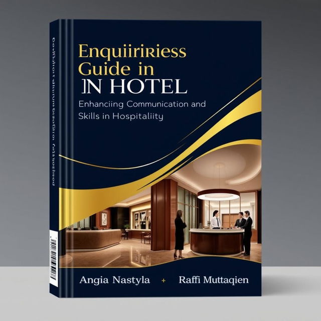 A sophisticated book cover design for 'Enquiries and Guide in Hotel: Enhancing Communication Skills in Hospitality' authored by Anggia Nastya and Raffi Muttaqien