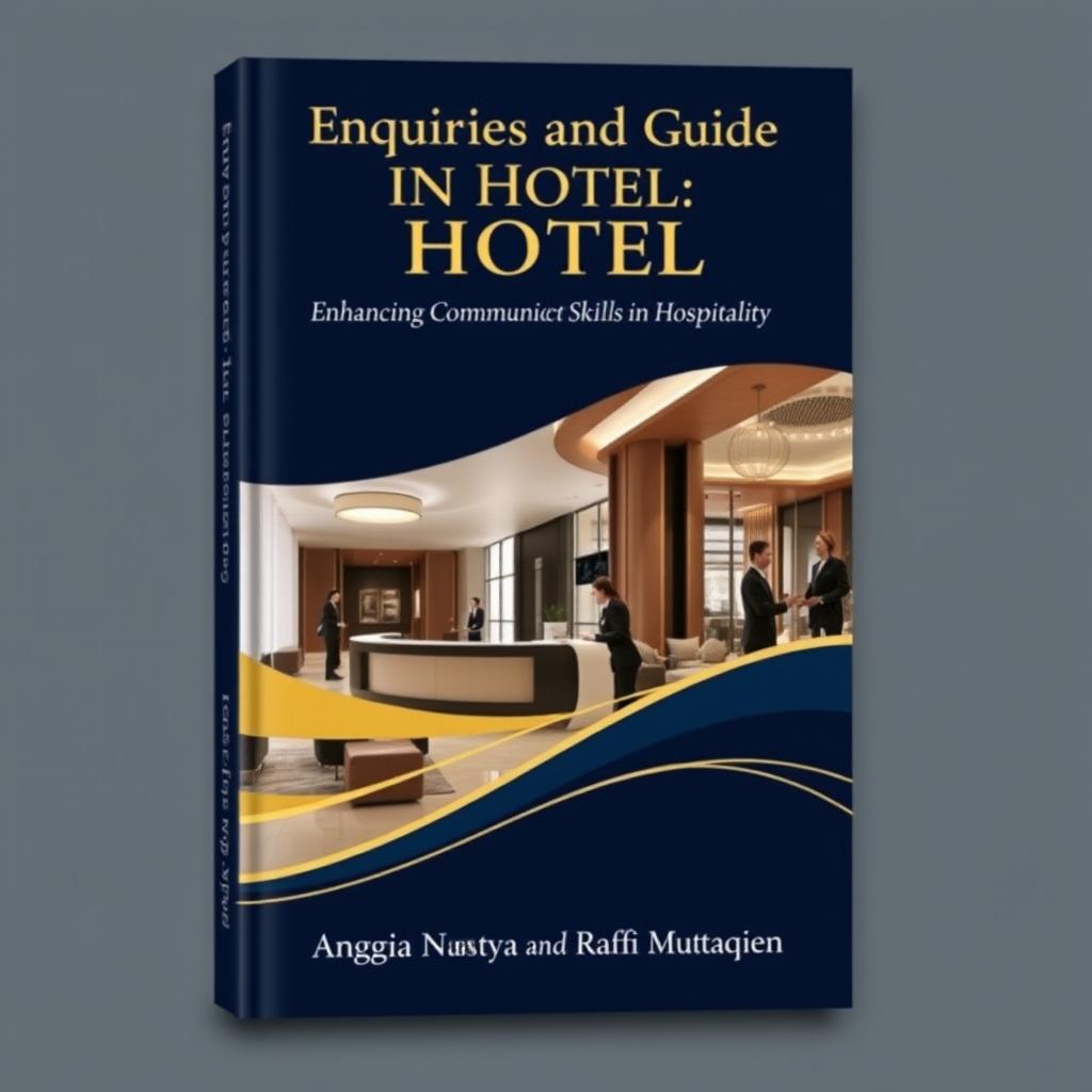 A sophisticated book cover design for 'Enquiries and Guide in Hotel: Enhancing Communication Skills in Hospitality' authored by Anggia Nastya and Raffi Muttaqien