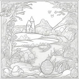 Create a coloring page featuring an intricately designed Easter egg with a magical landscape etched on its surface