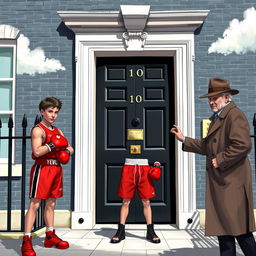 A scene depicting 10 Downing Street with its iconic black door and white windows