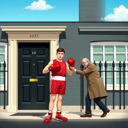 A scene depicting 10 Downing Street with its iconic black door and white windows