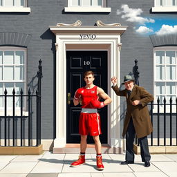 A scene depicting 10 Downing Street with its iconic black door and white windows