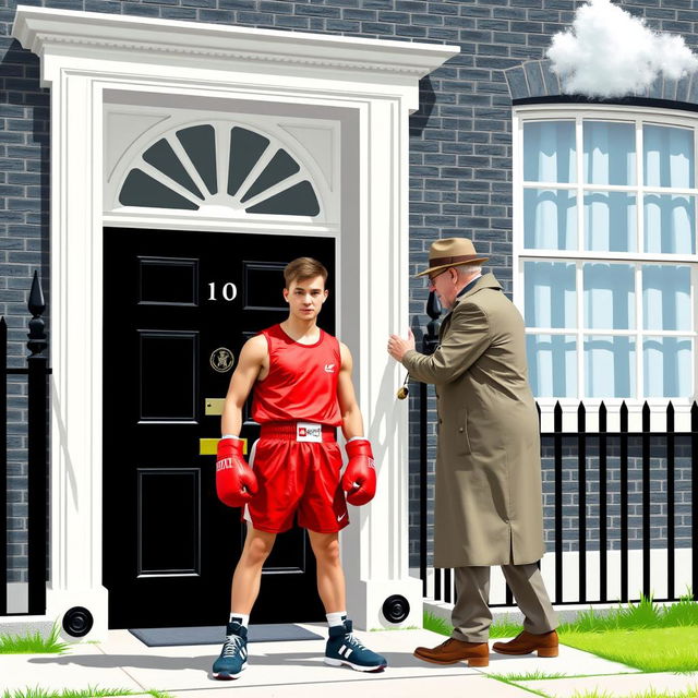 A scene depicting 10 Downing Street with its iconic black door and white windows