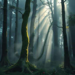 A dense and misty forest scene, illuminated by soft, diffused light filtering through the thick canopy