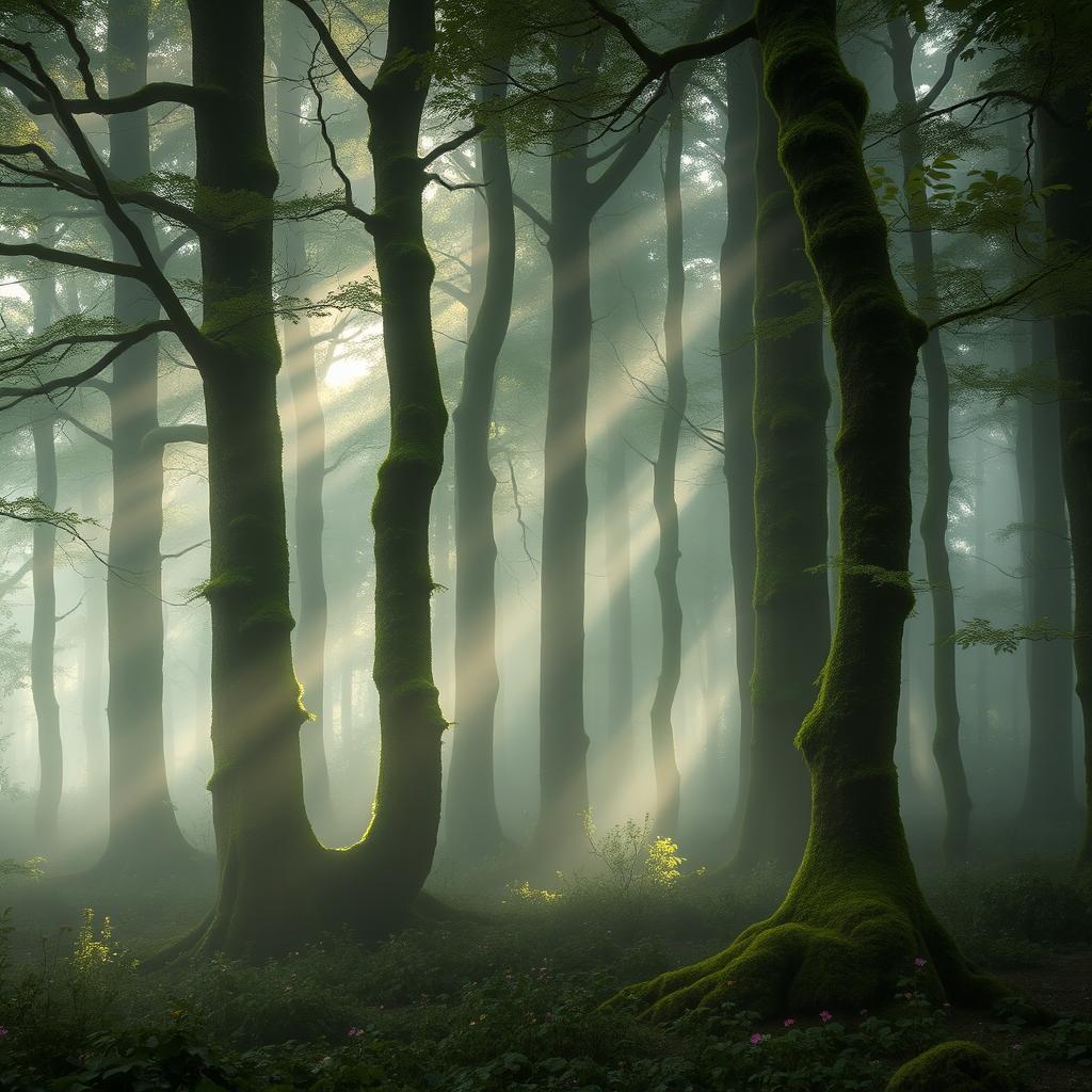 A dense and misty forest scene, illuminated by soft, diffused light filtering through the thick canopy