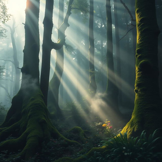 A dense and misty forest scene, illuminated by soft, diffused light filtering through the thick canopy