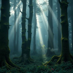 A dense and misty forest scene, illuminated by soft, diffused light filtering through the thick canopy