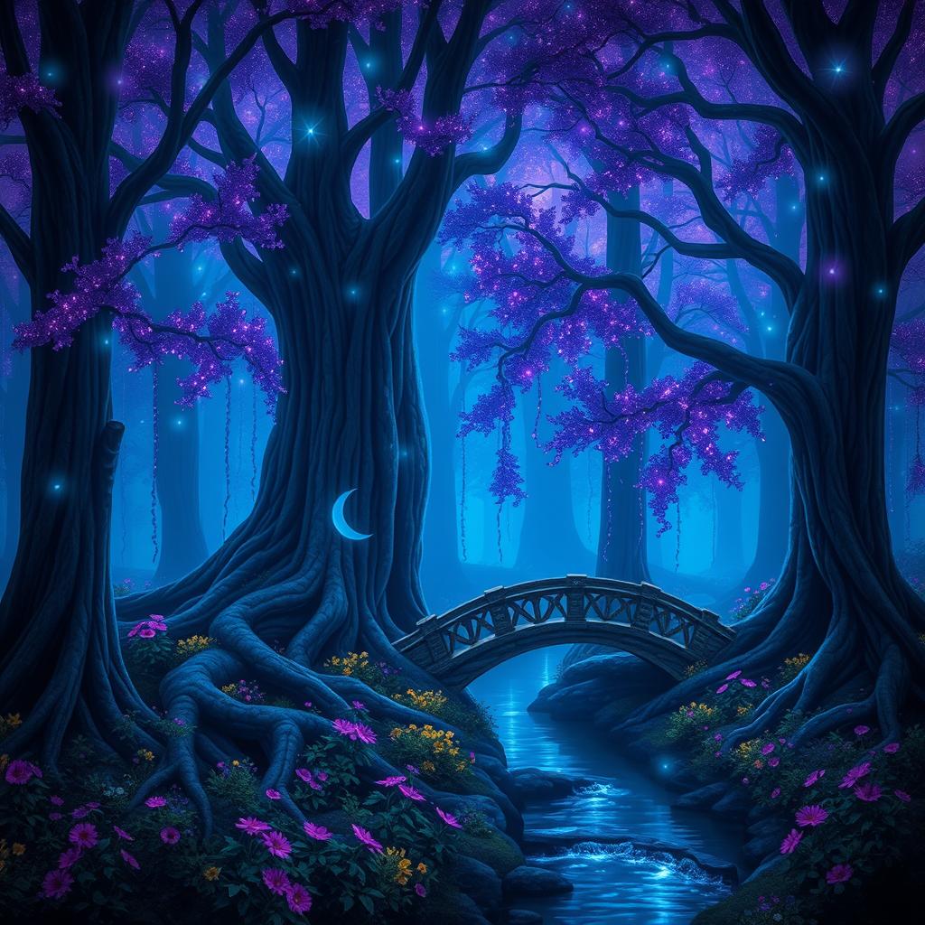 A mystical forest at twilight, bathed in shades of purple and blue