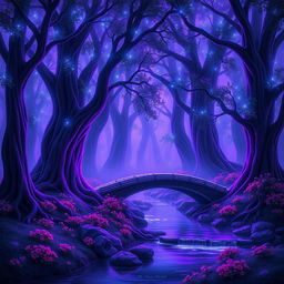 A mystical forest at twilight, bathed in shades of purple and blue