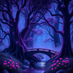 A mystical forest at twilight, bathed in shades of purple and blue