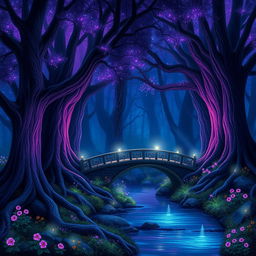 A mystical forest at twilight, bathed in shades of purple and blue