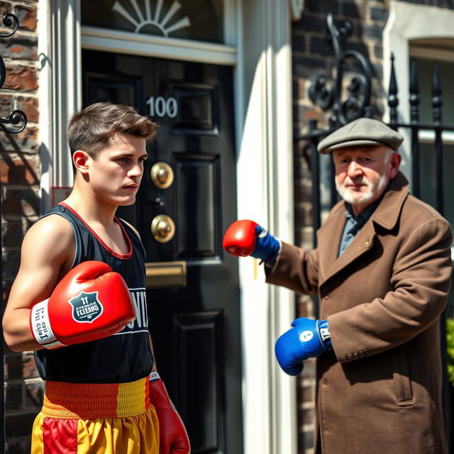 A scene outside 10 Downing Street in London, showcasing a young man from Yeovil Town dressed in vibrant boxing gear, looking focused and determined