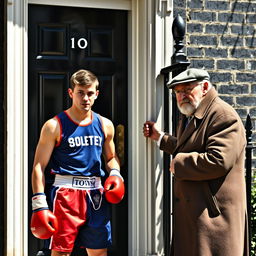 A scene outside 10 Downing Street in London, showcasing a young man from Yeovil Town dressed in vibrant boxing gear, looking focused and determined